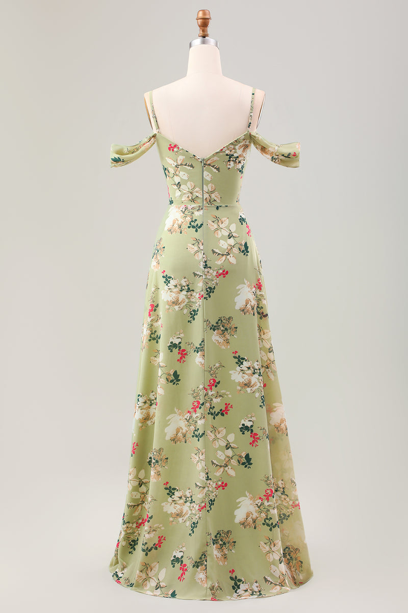 Load image into Gallery viewer, Grønn A Line Spaghetti stropper Floral Wedding Guest kjole med Slit