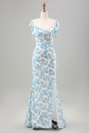Hvit blå blomst havfrue lang brudekjole med spalt