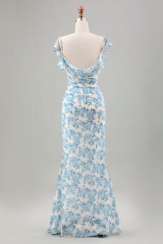 Hvit blå blomst havfrue lang brudekjole med spalt