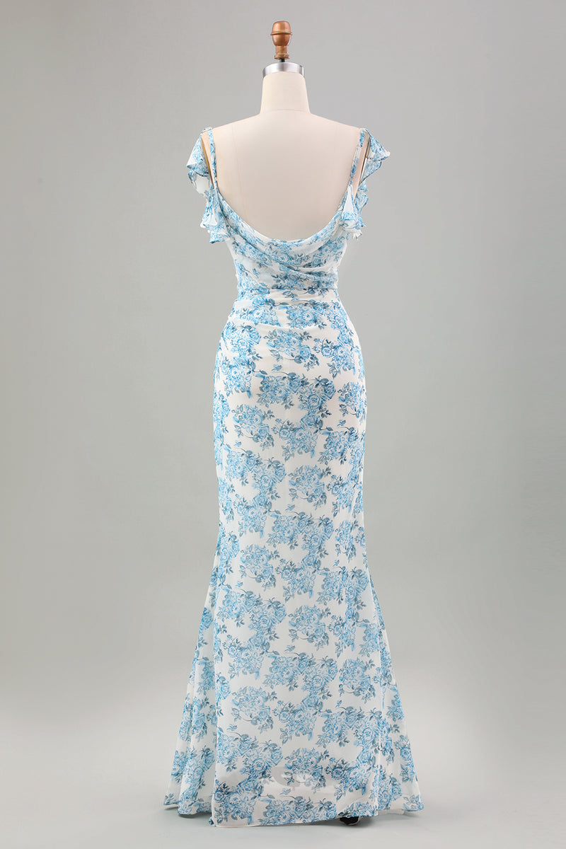 Load image into Gallery viewer, Hvit blå blomst havfrue lang brudekjole med spalt