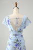 Load image into Gallery viewer, Blå blomster A Line Ruffles Asymmetrisk Bryllup Guest Dress