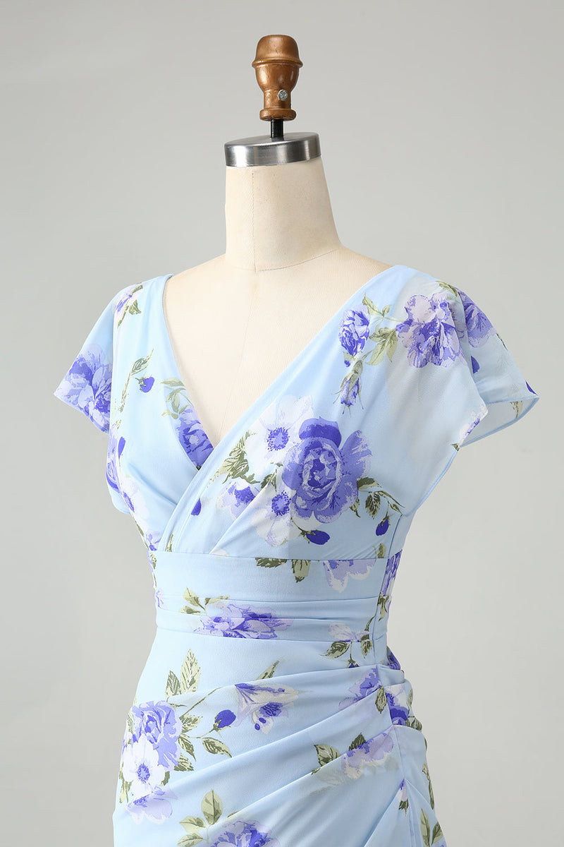 Load image into Gallery viewer, Blå blomster A Line Ruffles Asymmetrisk Bryllup Guest Dress