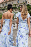 Blå blomster A Line Sweetheart stroppeløst trykk plissert Long Wedding Guest Dress