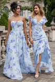 Blå blomster A Line Sweetheart stroppeløst trykk plissert Long Wedding Guest Dress