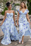 Blå blomster A Line Sweetheart stroppeløst trykk plissert Long Wedding Guest Dress