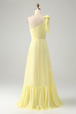 A Line One Shoulder Yellow Long Wedding Guest Dress med Slit