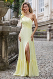 Gul A Line One Shoulder Long Wedding Party Guest Dress med Slit