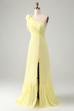 A Line One Shoulder Yellow Long Wedding Guest Dress med Slit