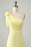 A Line One Shoulder Yellow Long Wedding Guest Dress med Slit