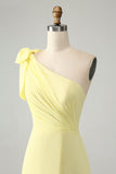 A Line One Shoulder Yellow Long Wedding Guest Dress med Slit