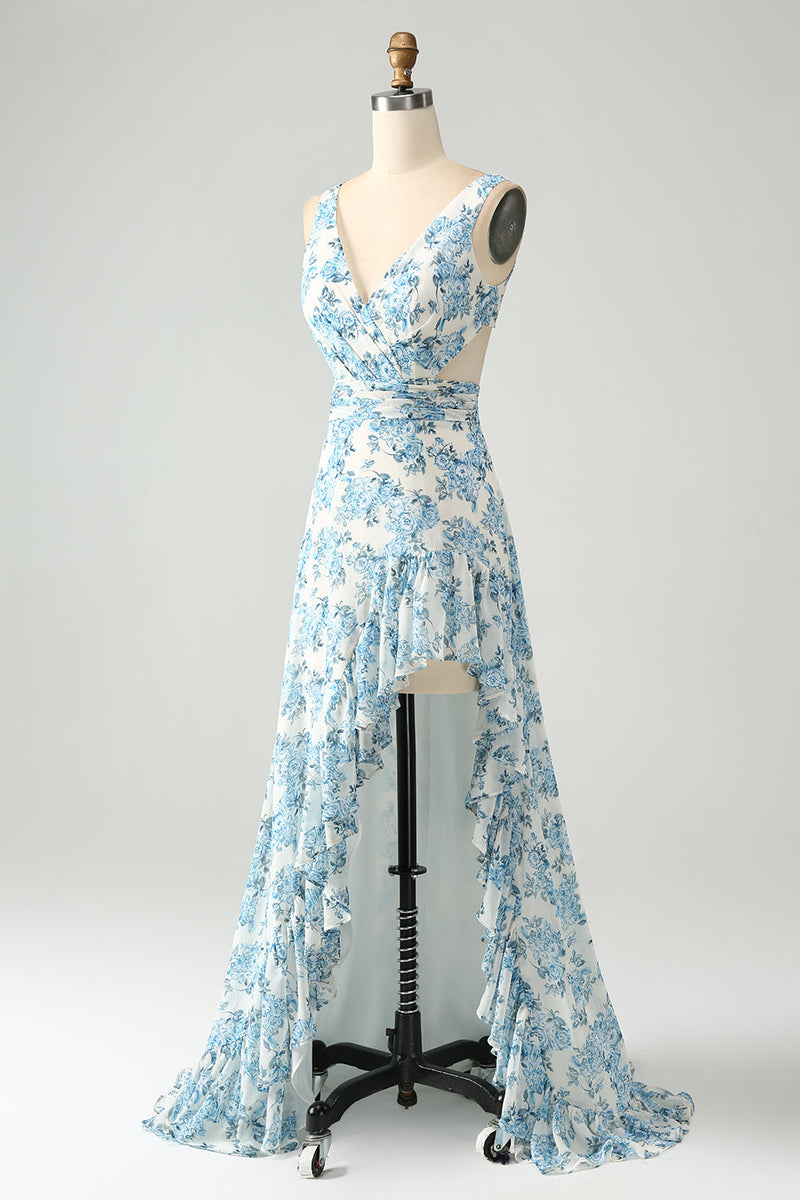 Load image into Gallery viewer, Hvit blå blomst En linje rufsete høy-lav brudekjole