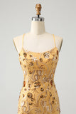 Glitter Yellow Sequined Embroidery Tight Short Homecoming Dress med perler