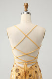 Glitter Yellow Sequined Embroidery Tight Short Homecoming Dress med perler