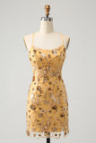 Glitter Yellow Sequined Embroidery Tight Short Homecoming Dress med perler