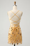 Glitter Yellow Sequined Embroidery Tight Short Homecoming Dress med perler