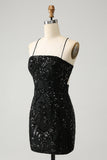 Chic Glitter Black Spaghetti stropper Tight Homecoming Dress med paljetter