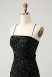 Chic Glitter Black Spaghetti stropper Tight Homecoming Dress med paljetter