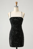 Chic Glitter Black Spaghetti stropper Tight Homecoming Dress med paljetter