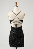 Chic Glitter Black Spaghetti stropper Tight Homecoming Dress med paljetter