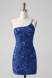 Sparkly Bodycon Royal Blue One Shoulder Sequins Homecoming kjole med broderi