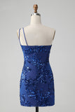 Sparkly Bodycon Royal Blue One Shoulder Sequins Homecoming kjole med broderi