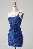 Sparkly Bodycon Royal Blue One Shoulder Sequins Homecoming kjole med broderi