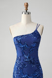 Sparkly Bodycon Royal Blue One Shoulder Sequins Homecoming kjole med broderi