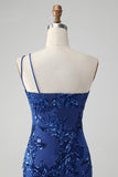 Sparkly Bodycon Royal Blue One Shoulder Sequins Homecoming kjole med broderi