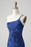 Sparkly Bodycon Royal Blue One Shoulder Sequins Homecoming kjole med broderi