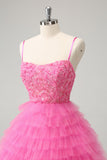 Glitter Pink A Line Spaghetti stropper Tiered Blomster Tyll Søt Homecoming Dress