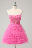 Glitter Pink A Line Spaghetti stropper Tiered Blomster Tyll Søt Homecoming Dress