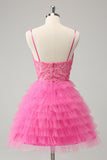 Glitter Pink A Line Spaghetti stropper Tiered Blomster Tyll Søt Homecoming Dress