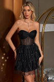 Sparkly Cute A Line Black Sweetheart Tiered Corset Homecoming Dress