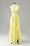 Lemon Yellow A Line Cut Out Long brudepike kjole med volanger