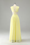 Lemon Yellow A Line Cut Out Long brudepike kjole med volanger