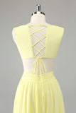 Lemon Yellow A Line Cut Out Long brudepike kjole med volanger