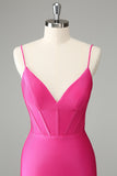 Fuchsia Bodycon Spaghetti stropper Satin Homecoming Dress