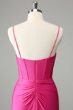 Fuchsia Bodycon Spaghetti stropper Satin Homecoming Dress