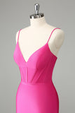 Fuchsia Bodycon Spaghetti stropper Satin Homecoming Dress