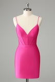 Fuchsia Bodycon Spaghetti stropper Satin Homecoming Dress