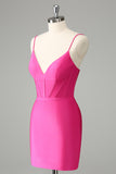 Fuchsia Bodycon Spaghetti stropper Satin Homecoming Dress