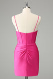 Fuchsia Bodycon Spaghetti stropper Satin Homecoming Dress