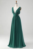 Dark Green A Line Chiffon Long brudepike kjole med blonder opp tilbake