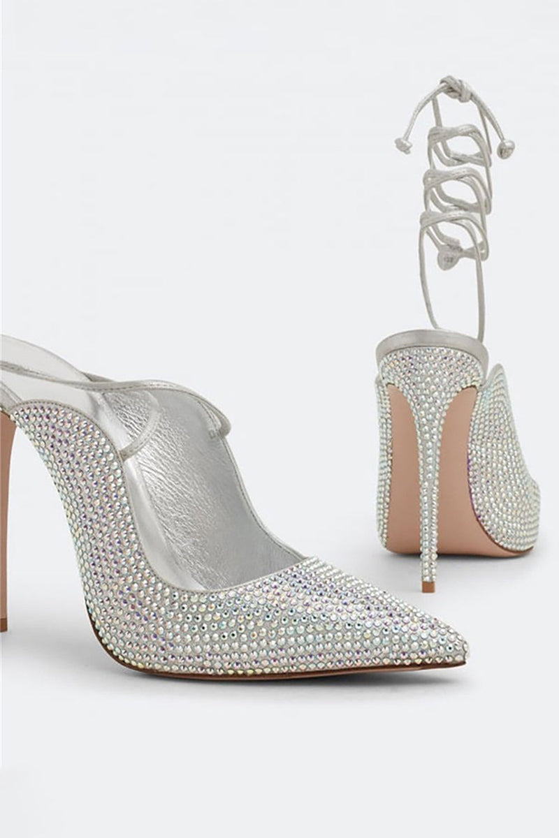 Load image into Gallery viewer, Sparkly Silver Beaded Stiletto høye hæler
