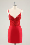 Sparkly Red Bodycon Spaghetti stropper Homecoming kjole med paljetter