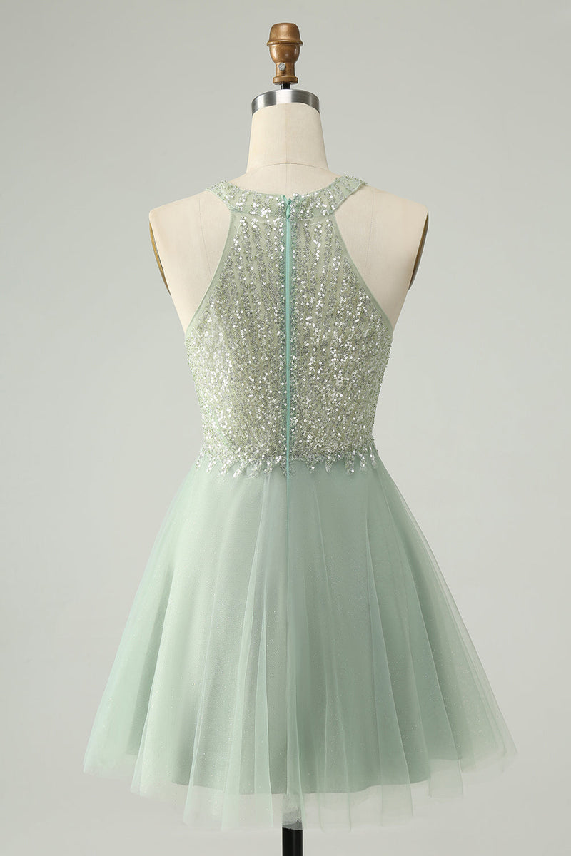 Load image into Gallery viewer, Dusty Green Halter paljetter A Line Homecoming Dress