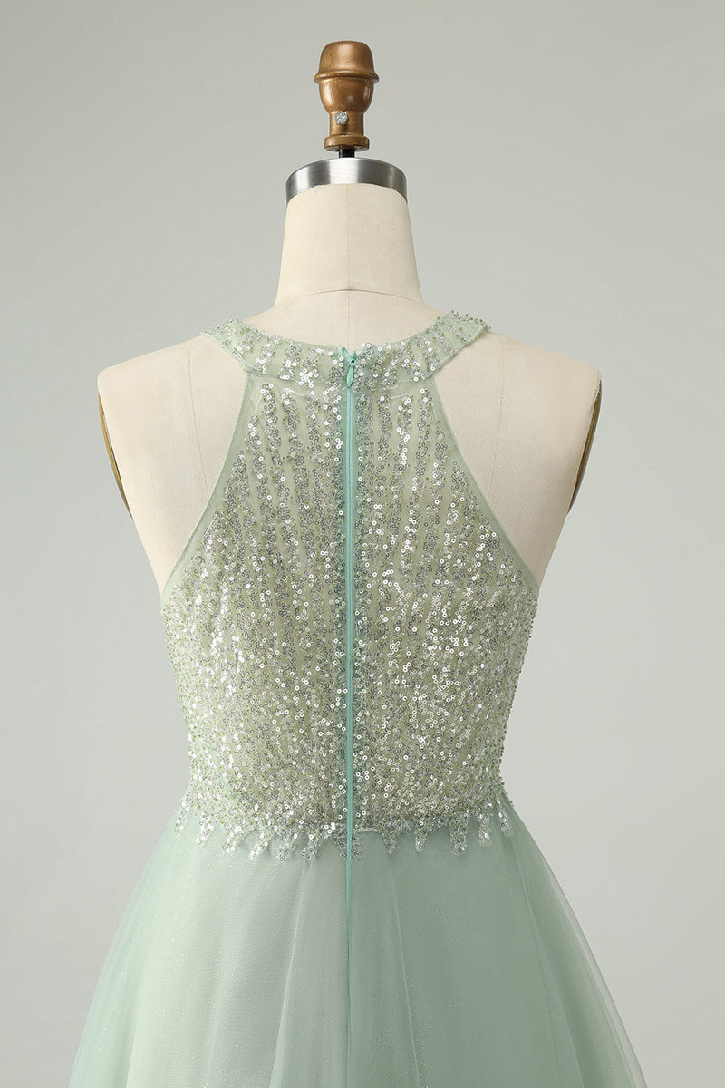 Load image into Gallery viewer, Dusty Green Halter paljetter A Line Homecoming Dress