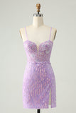 Sparkly Lilac Sequins Bodycon Mini Homecoming kjole med spalte