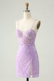 Sparkly Lilac Sequins Bodycon Mini Homecoming kjole med spalte