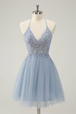 Sparkly Dusty Blue A Line Halter Homecoming Dress med Appliques